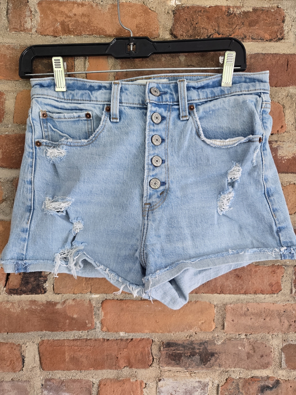 Abercrombie & Fitch Light Blue High-Rise Distressed Denim Shorts